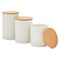 Farmlyn Creek Set of 3 White Ceramic Canisters with Airtight Wooden Bmaboo Lids, Kitchen Counter Containers, Food Storage Jars, Ideal for Storing Sugar, Coffee, Snacks and Other Dry Goods, (3 Sizes)